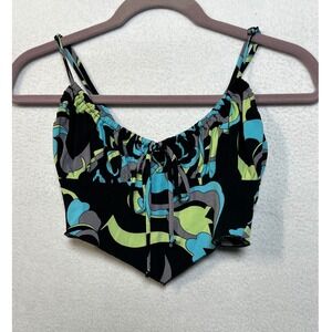 Urban Outfitters XS Psychedelic Abstract Handkerchief Hem Crop Top Smocked Back